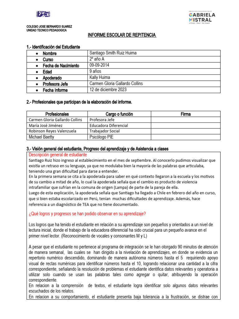 Informe de Repitencia de Santiago Smith | PDF | Aprendizaje | Evaluación