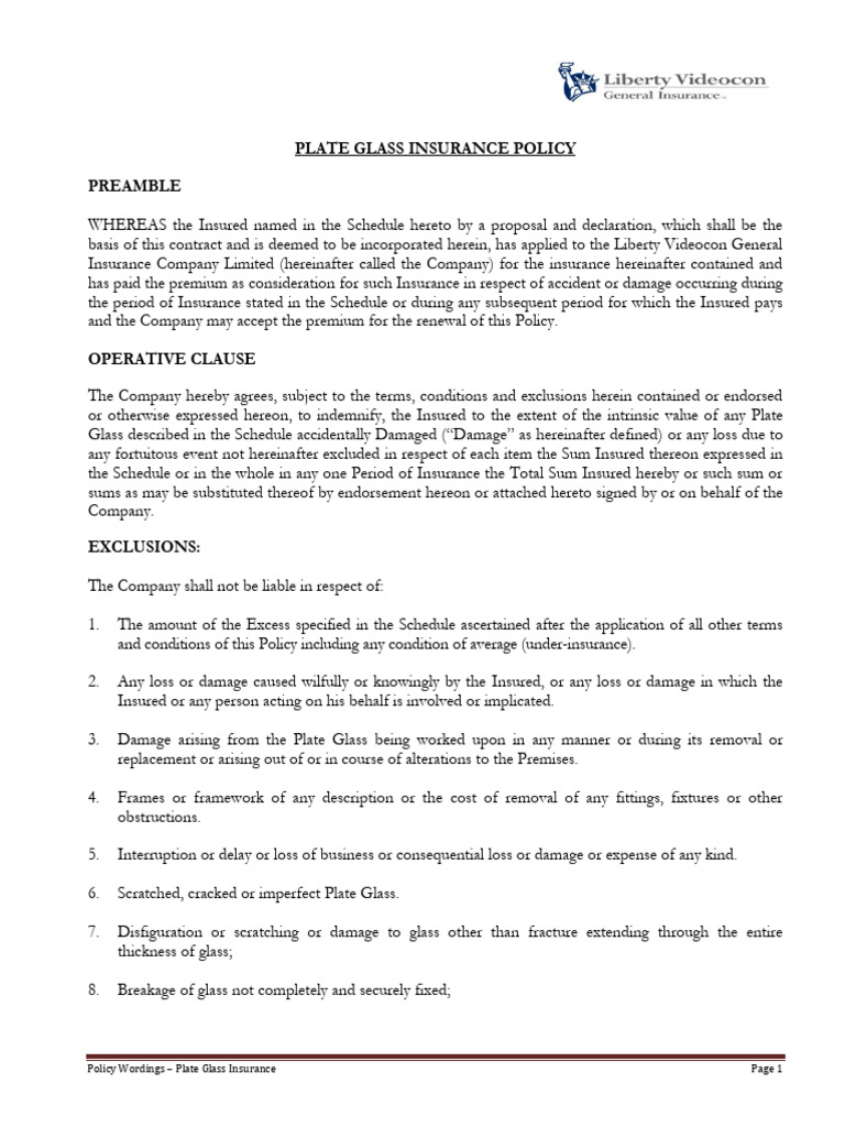 76..plate Glass Policy Wording GEN714 PDF Insurance Indemnity