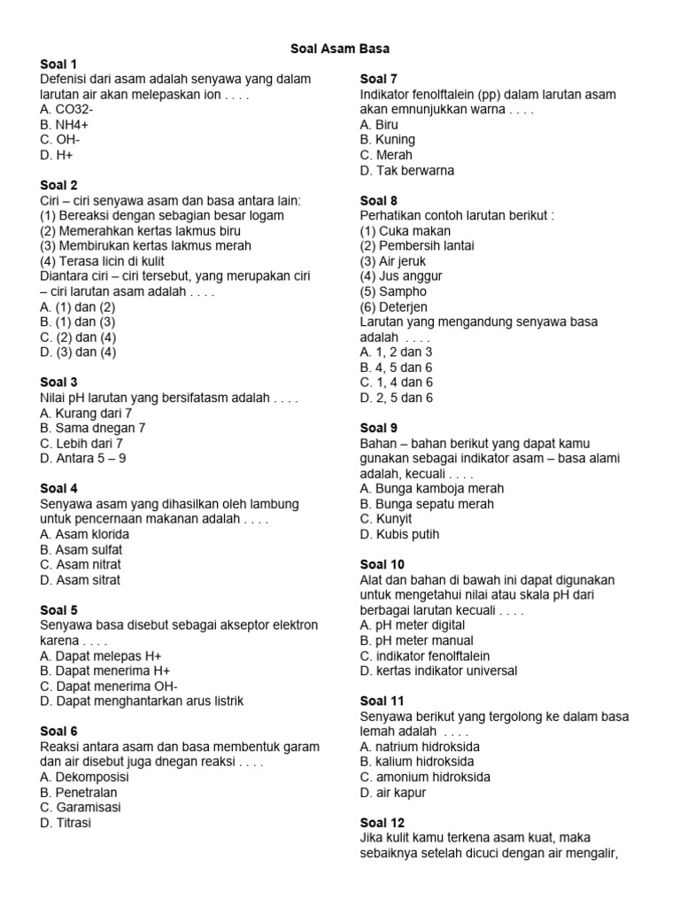 Soal Latihan Asam Basa Kelas 11 | PDF
