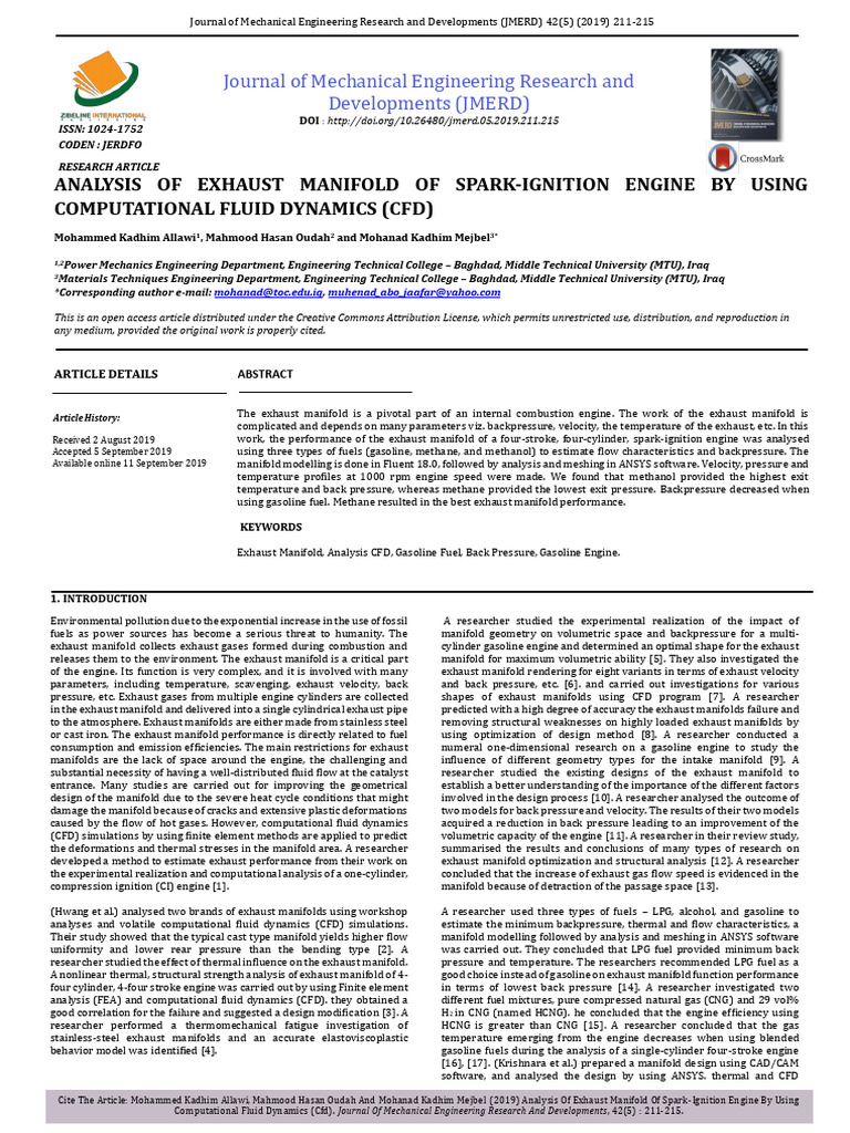 Analysis of Exhaust Manifold of SparkIgnition Engine by Using Computational Fluid Dynamics (CFD