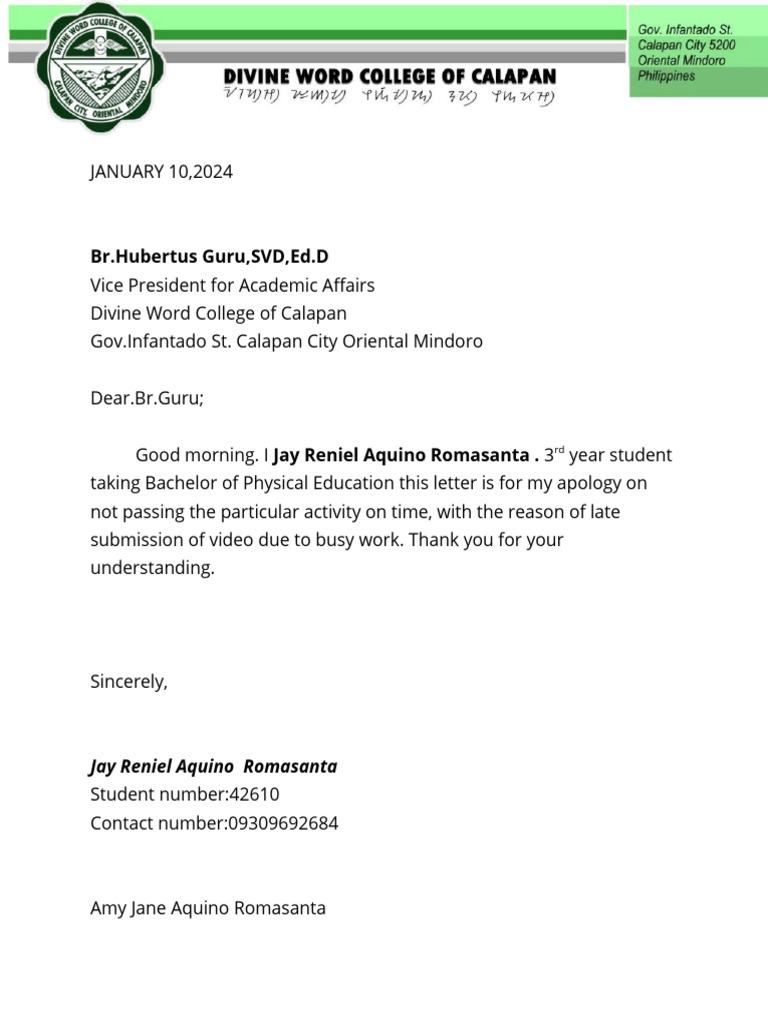 Apology Letter for Late Submission | PDF | Language Arts & Discipline