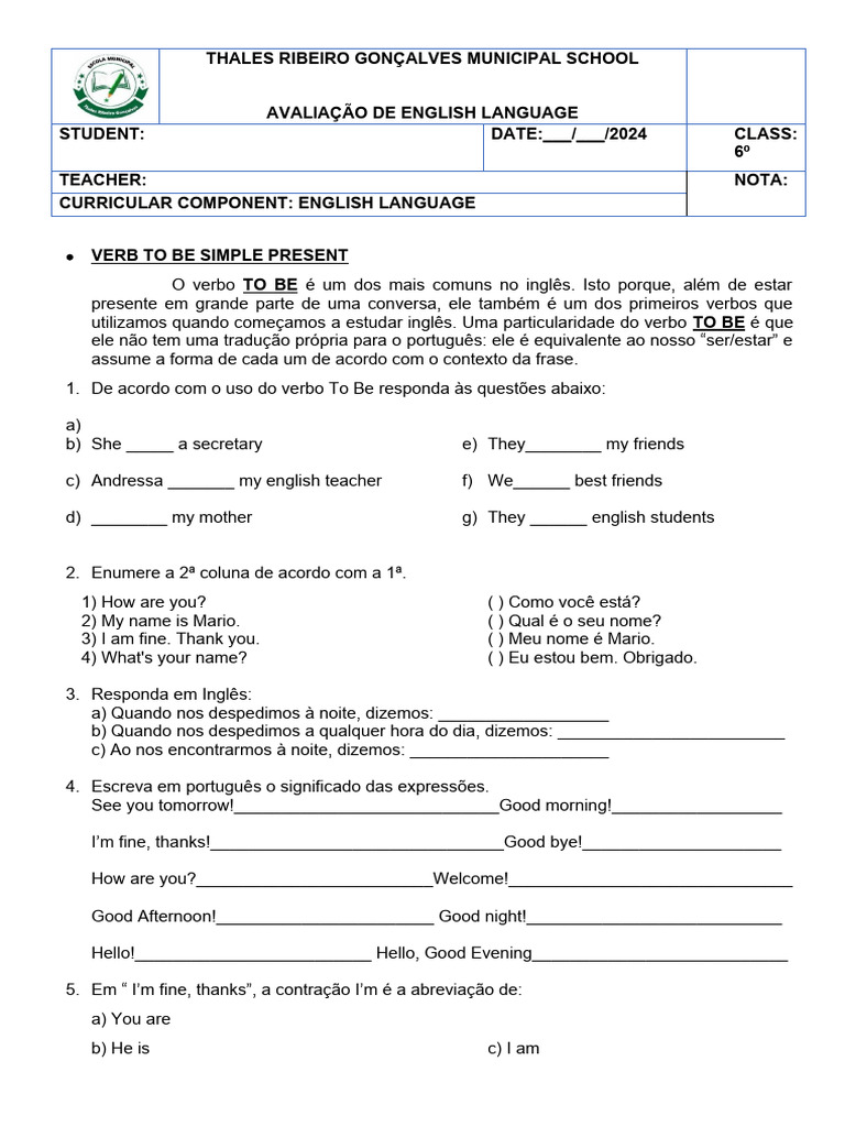 Avaliação de Inglês - 6º Ano | PDF | Carreira e Crescimento | Artes ...