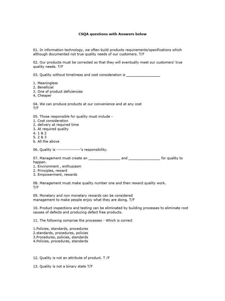 CSQA Questions and Answers Guide | PDF | Evaluation | Quality Management