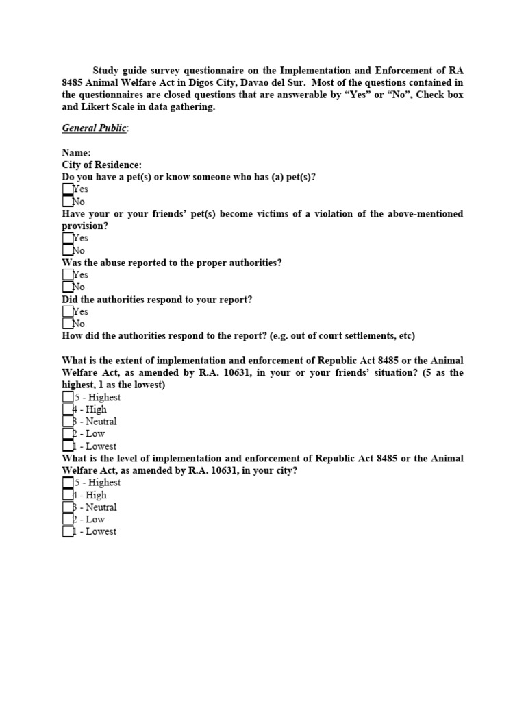 Survey Questionnaire | PDF | Cruelty To Animals | Questionnaire