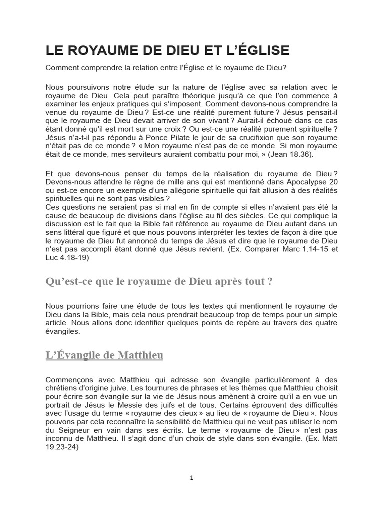 Relation entre Église et Royaume de Dieu | PDF | Dieu | Évangile selon ...