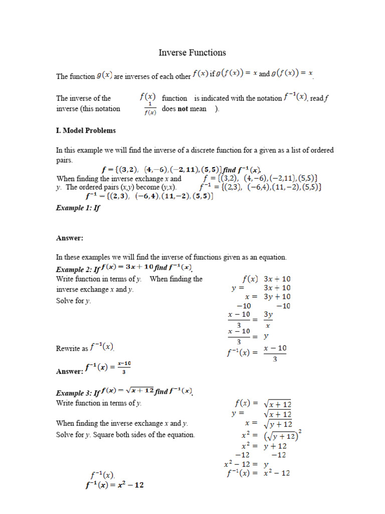 Inverse Functions Worksheet | PDF | Function (Mathematics ...