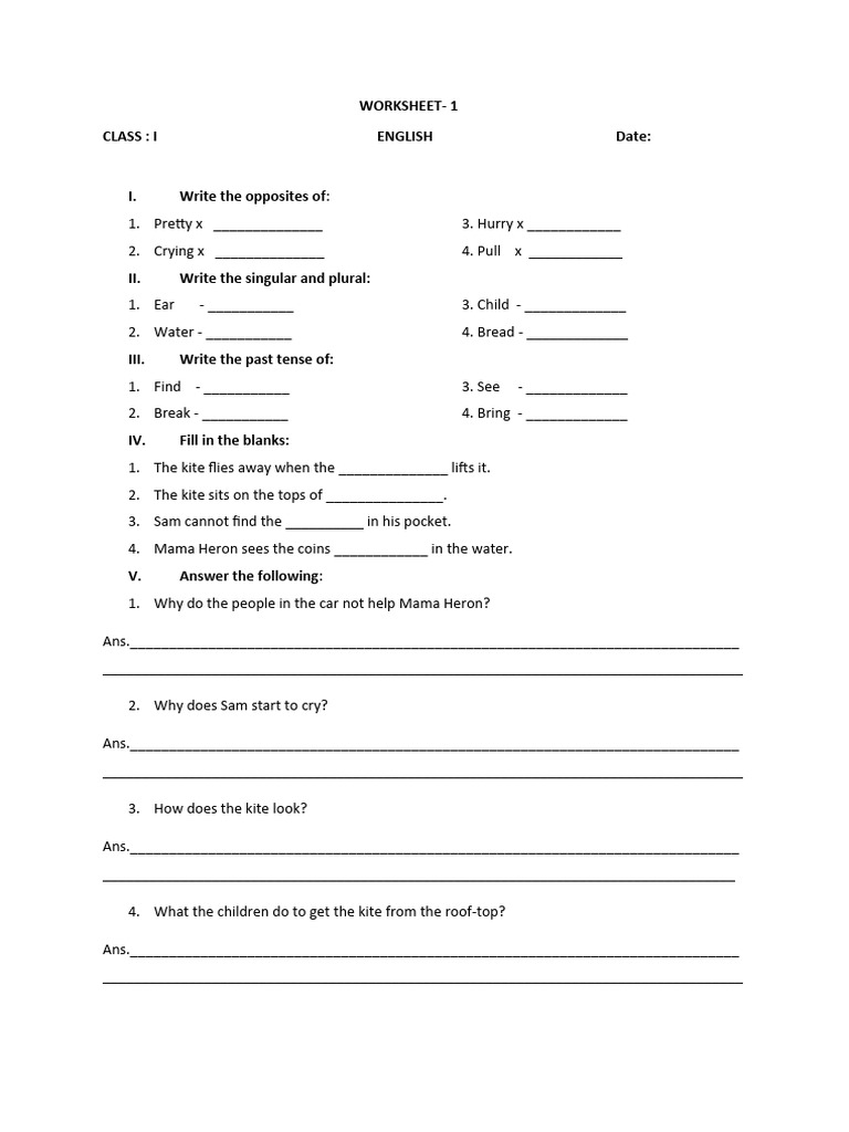 Class 1 English Revision Worksheet | PDF | Syntax | Linguistics
