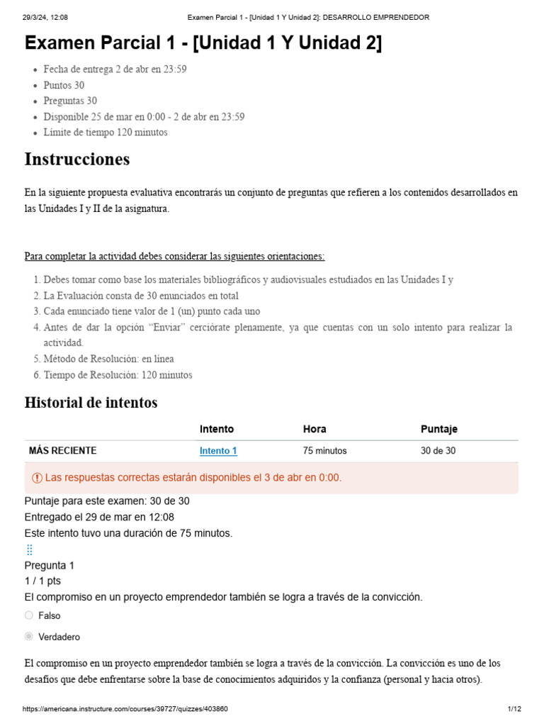 Examen Parcial 1: Desarrollo Emprendedor | PDF | Iniciativa empresarial ...