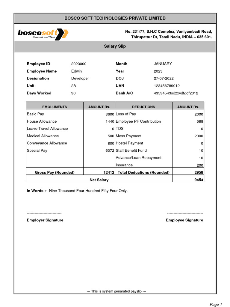 Boscosoft PaySlip Edwin 1677328213401 PDF Paycheck Salary