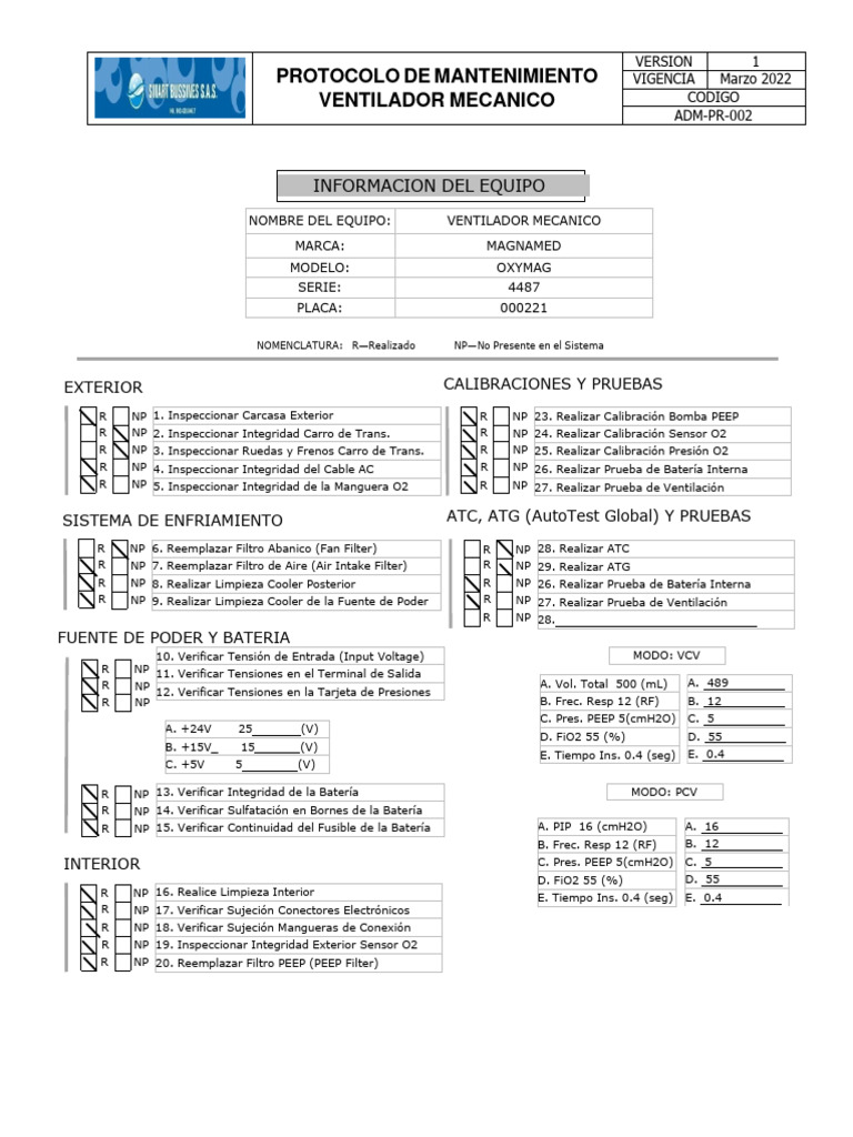 Protocolo de Mantenimiento Ventilador Mecanico | PDF