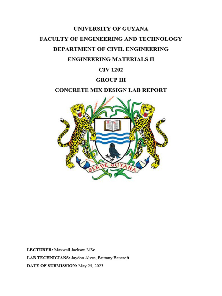 Civ1202 Concrete Mix Design Lab Report PDF Concrete Building