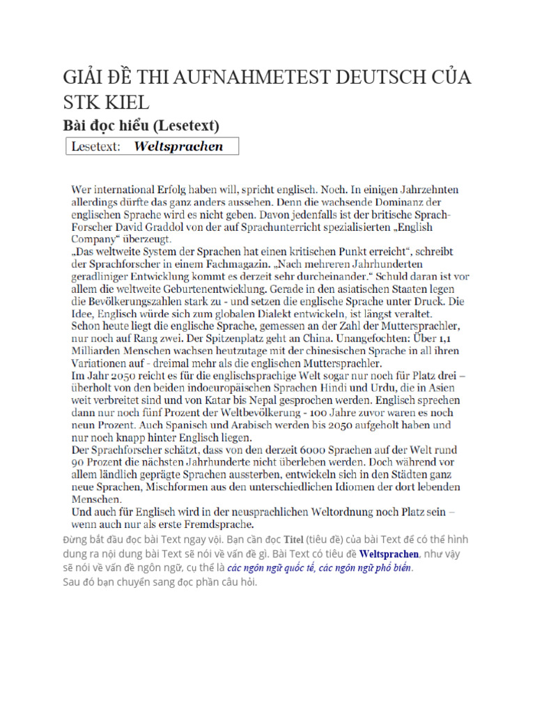 GIẢI ĐỀ THI AUFNAHMETEST DEUTSCH CỦA STK KIEL | PDF