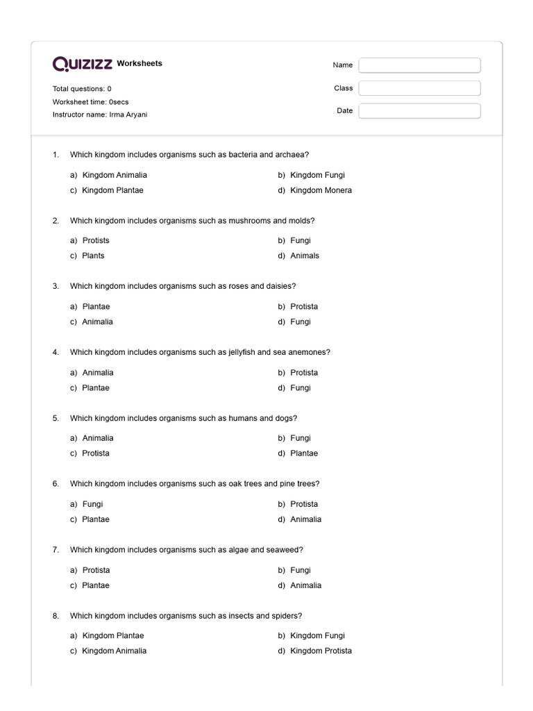 Classification of Living Things Quiz Quizizz PDF Organisms Zoology