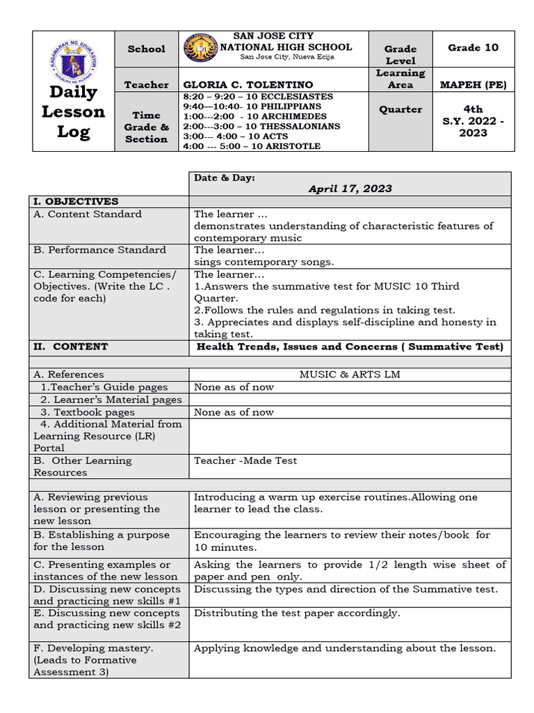 Fourth QUARTER DLL PDF Learning Educational Assessment