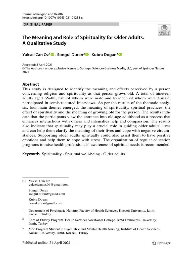 The Meaning and Role of Spirituality For Older Adults - Canoz 2021 ...