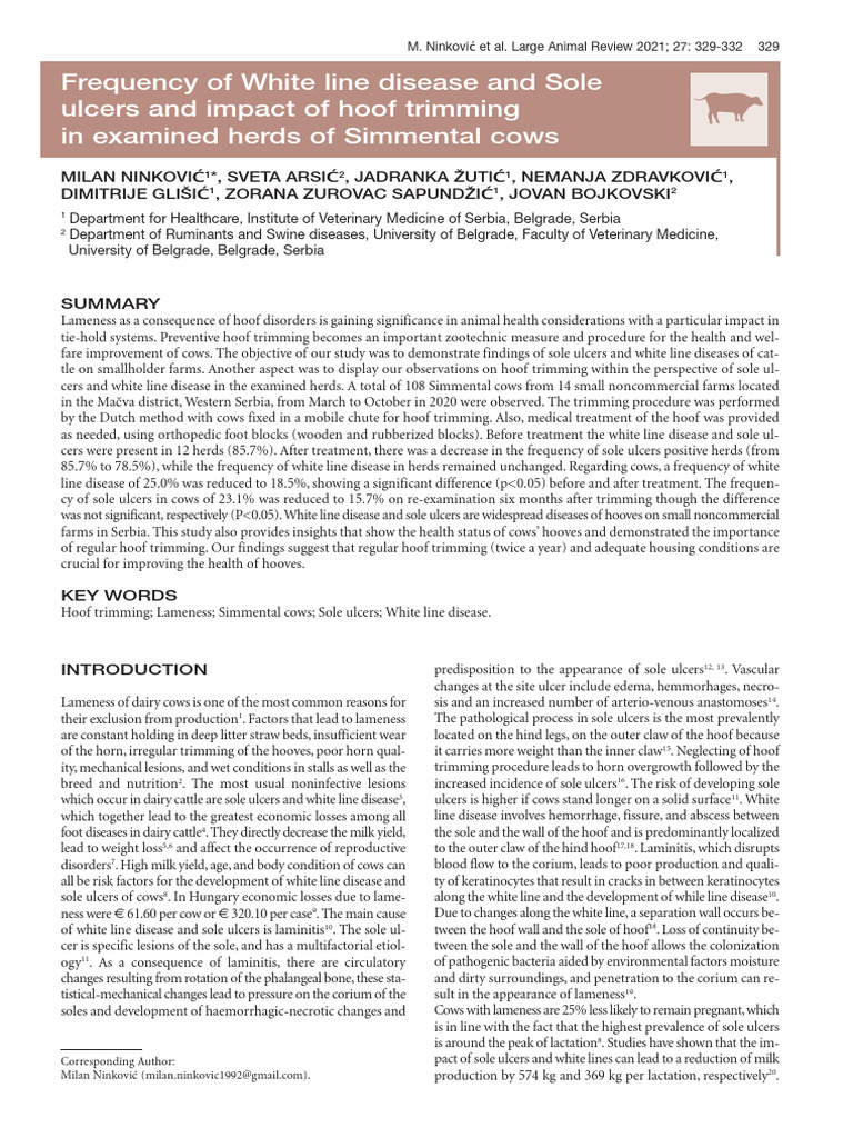 Frequency of White Line Disease and Sole Ulcer PDF Dairy Cattle
