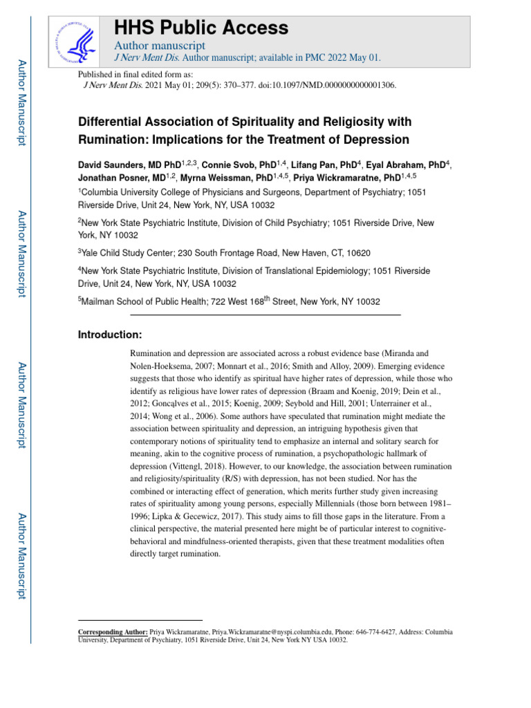 Differential Association of Spirituality and Religiosity With Nihms ...