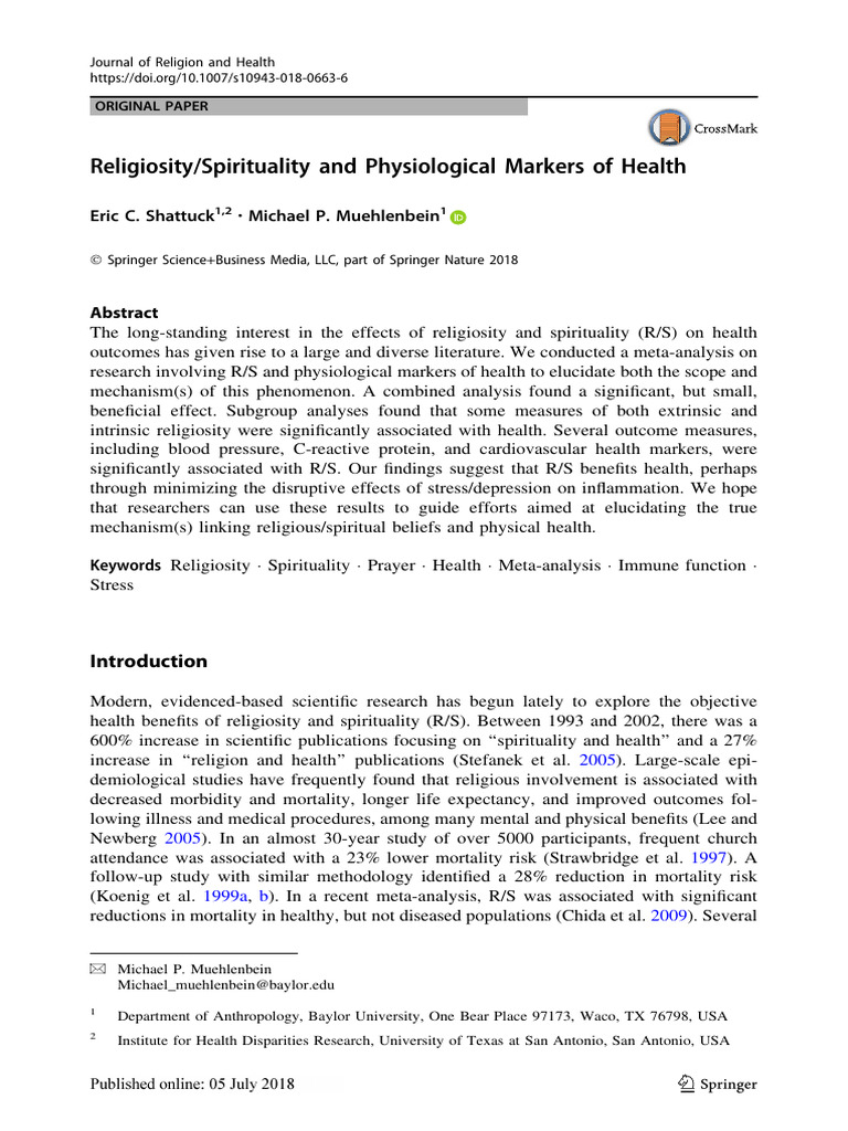 Religiosity Spirituality and Physiological Markers of Health - Shattuck ...