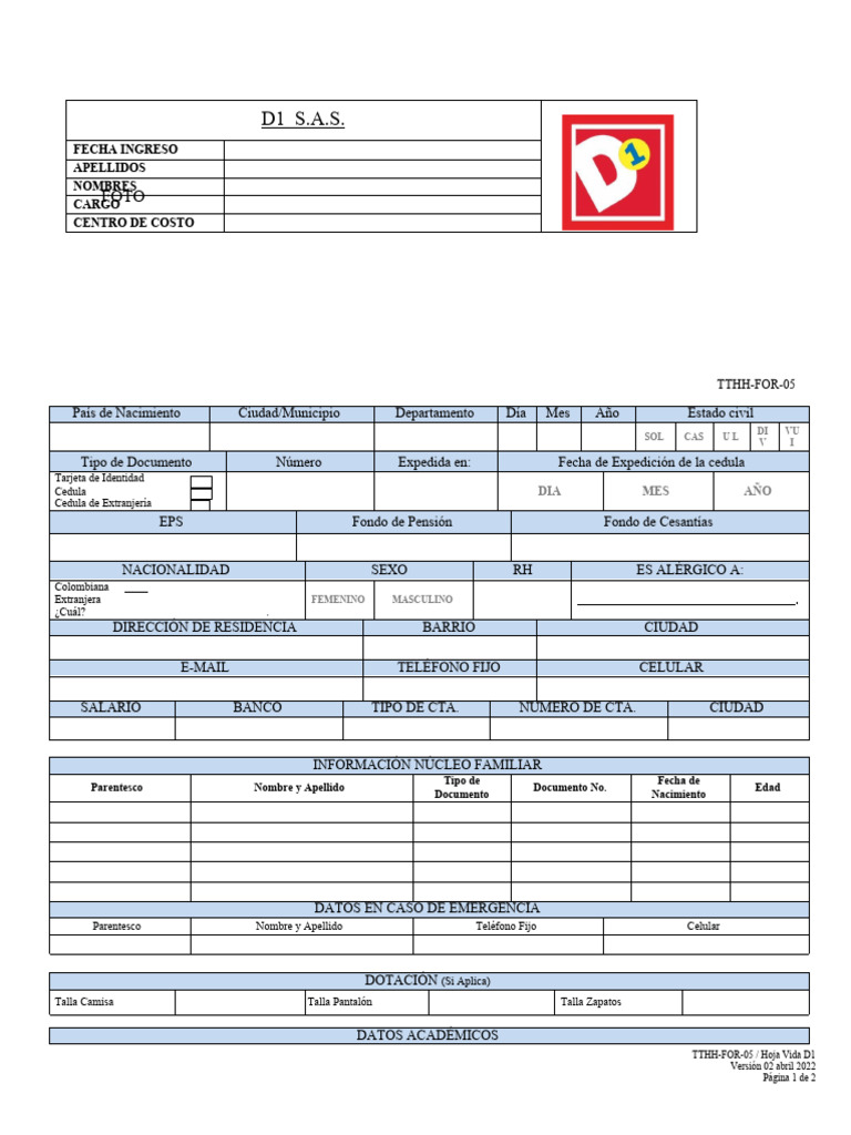 Formato Hoja De Vida D1 Pdf Documento De Identidad
