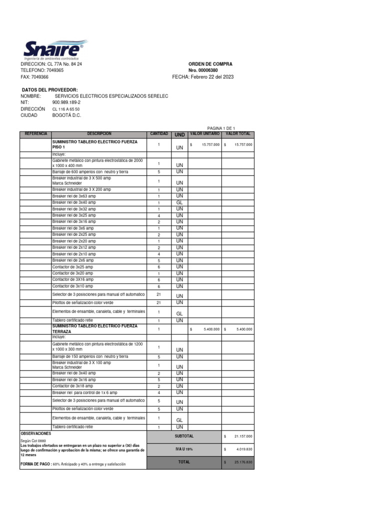 Orden de Compra: Tableros Eléctricos Suministro | PDF | Ingenieria ...