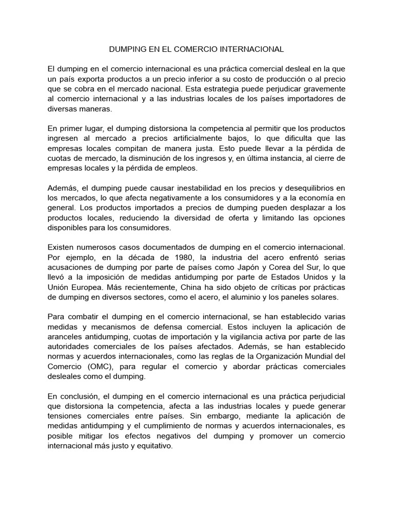 Impacto del Dumping en Comercio Global | PDF | Dumping (política de ...