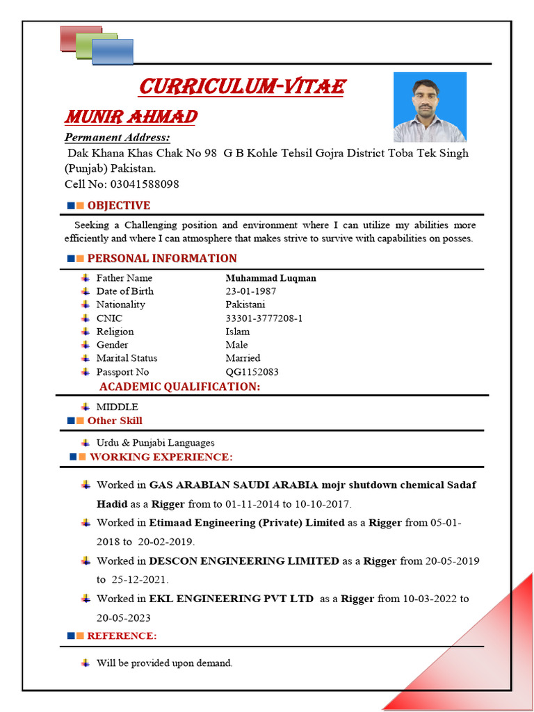 Munir Ahmad Rigger CV and Experience | PDF