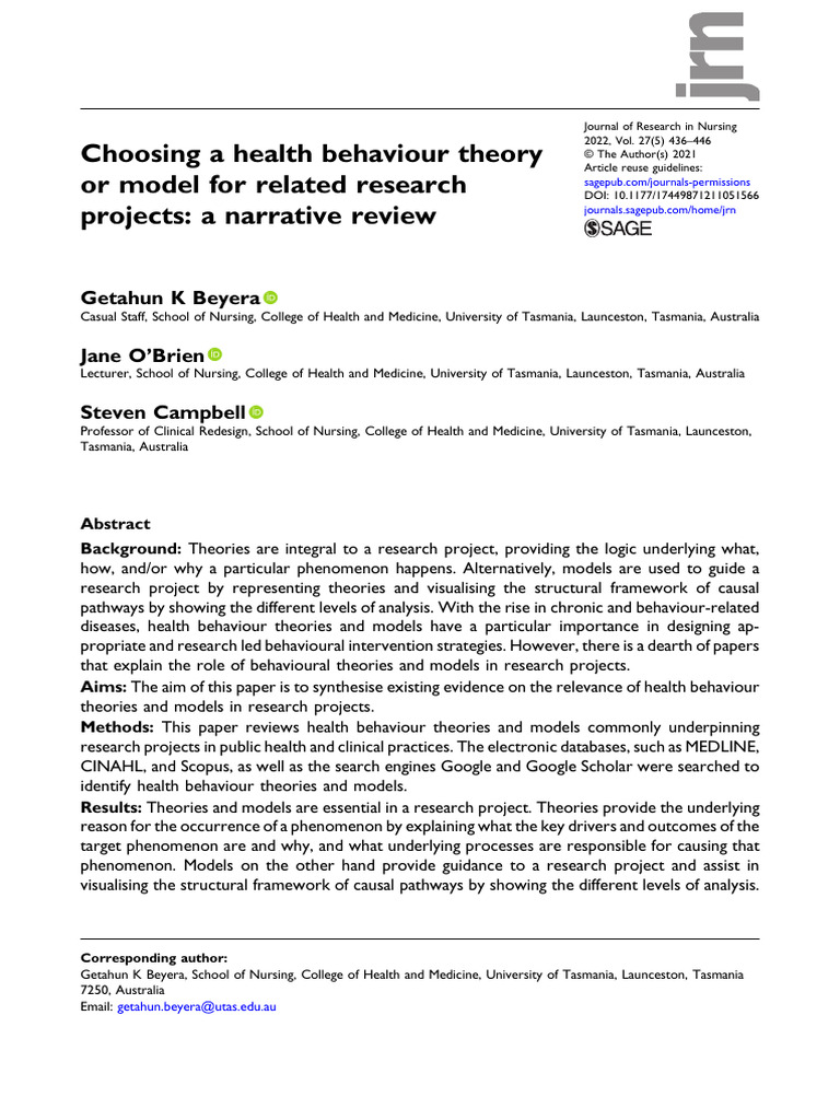 Choosing a health behaviour theory or models for related research