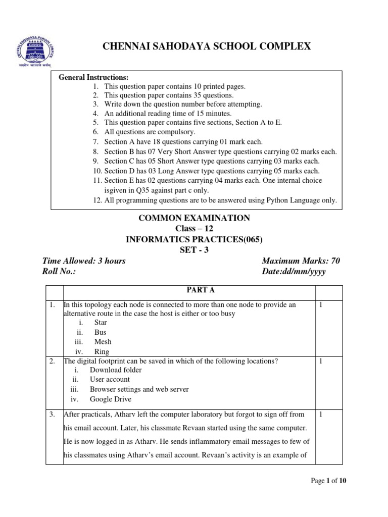 Chennai Sahodaya Ip (065) Set 3 QP | PDF | Computer Science | Computing