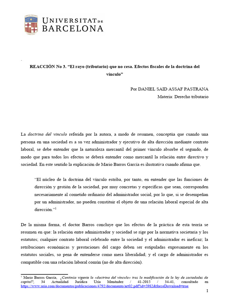 Reaccion No 3 - Doctrina Del Vinculo | PDF | Derecho laboral | Impuestos