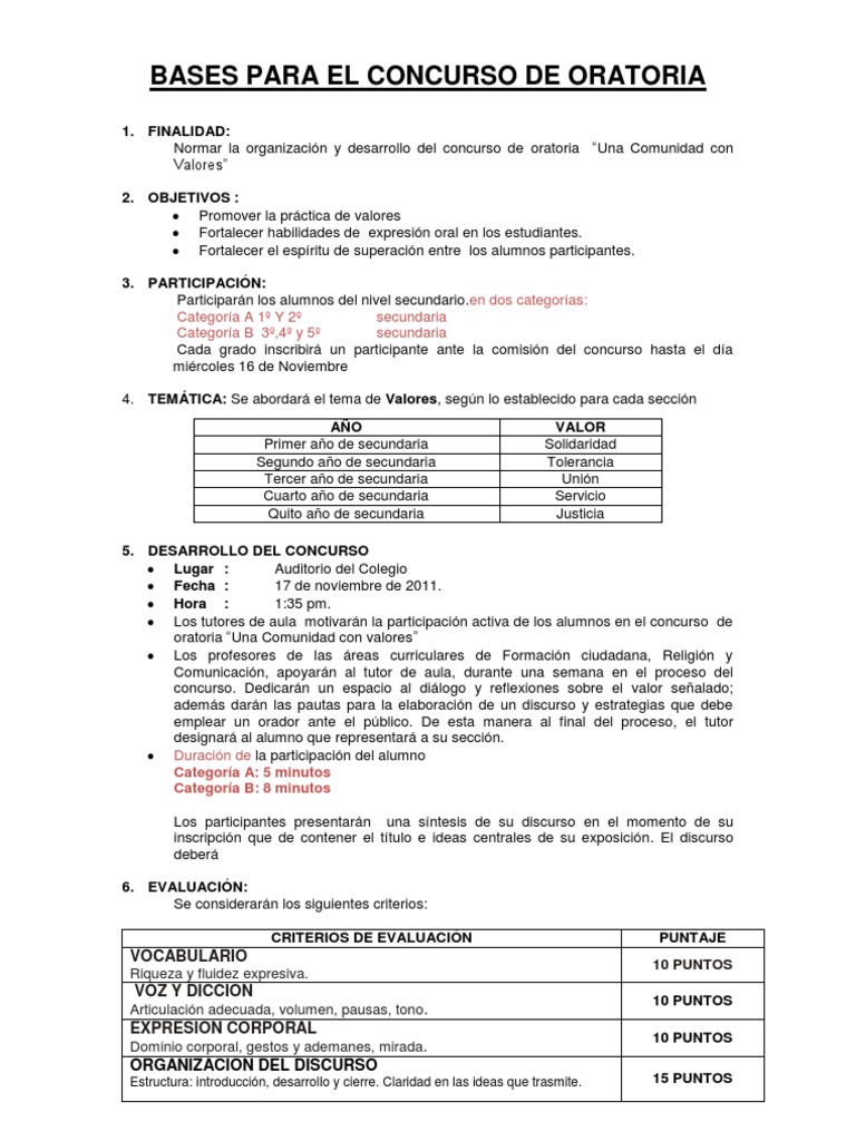 Bases del Concurso de Oratoria Escolar | PDF | Educación Secundaria ...