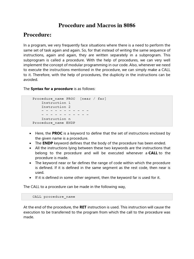 Procedure and macros in 8086 pdf macro computer science