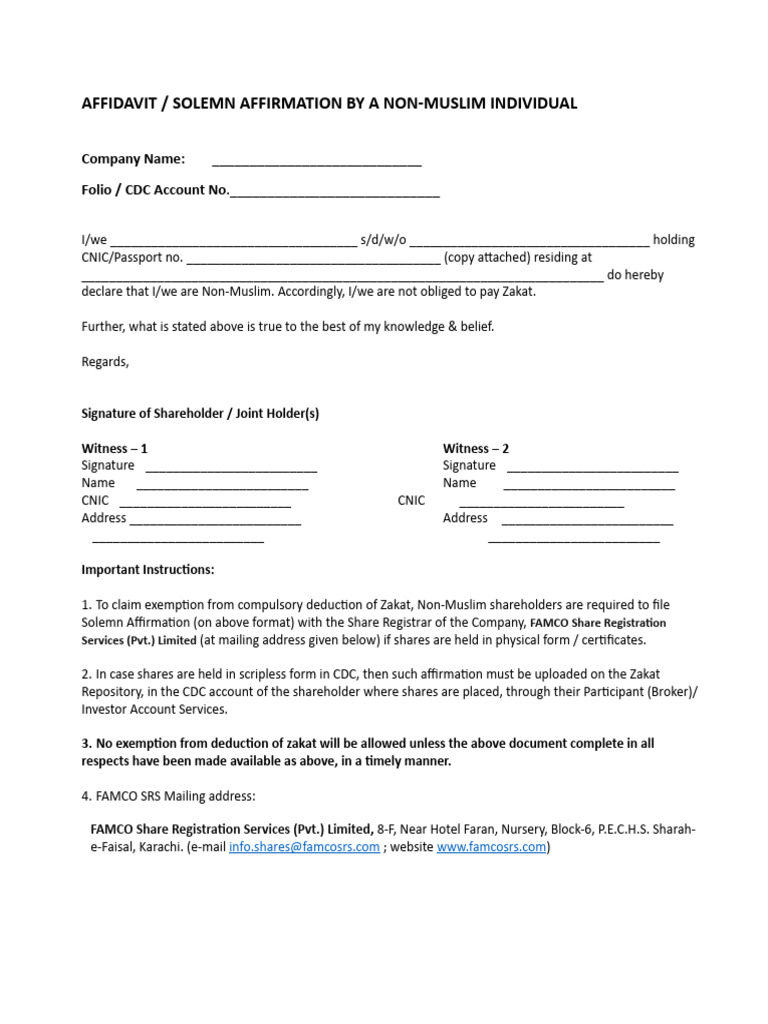 Solemn Affirmation For Zakat Exemption by Non Muslims | PDF | Business