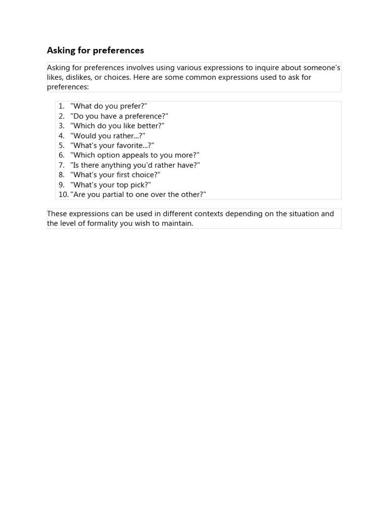 Asking For Preferences Lesson | PDF | Outdoor Recreation | Verb