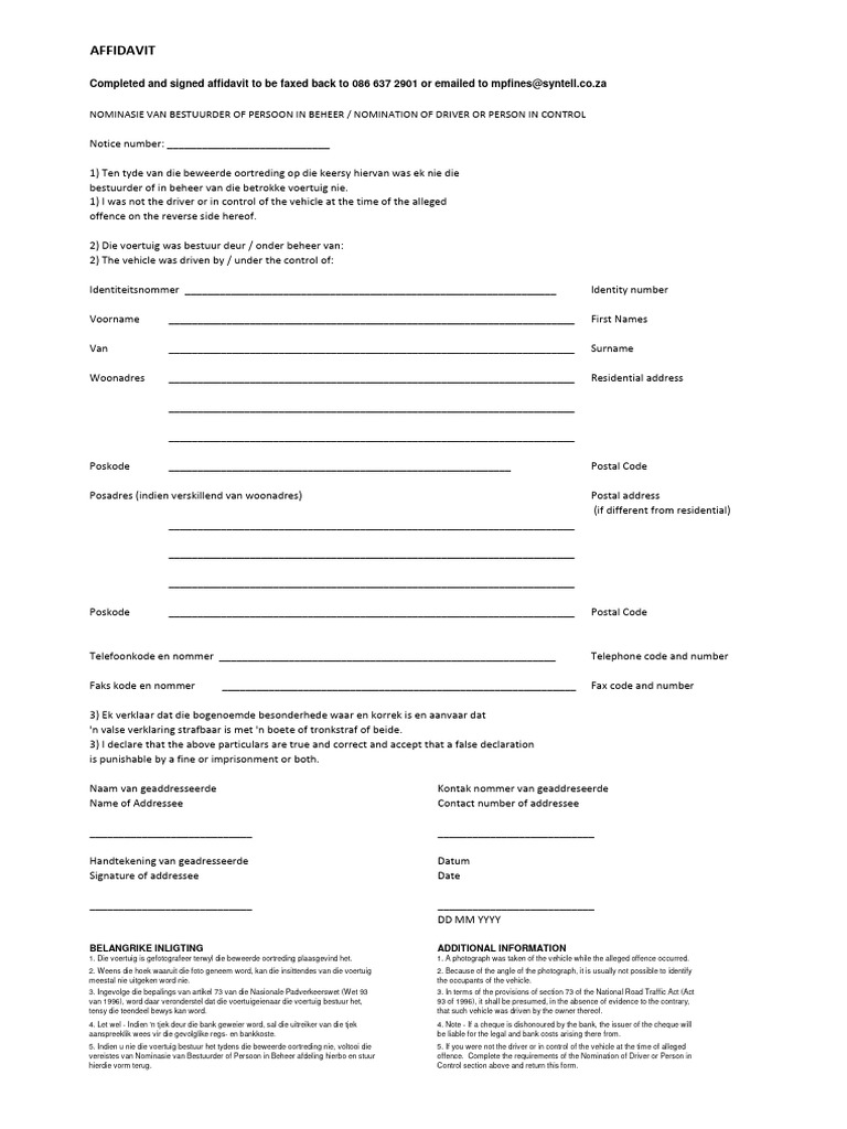 Nomination of Driver Affidavit PDF