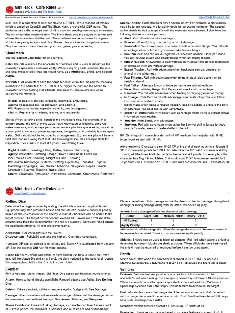 Mini Hack Core Rules V0.17 PDF Grit (Personality Trait)