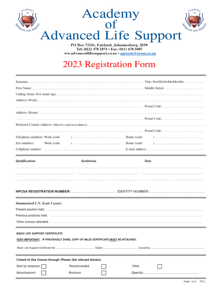 Acad of Advanced Life Support Registration - Form - 2023 | Download ...