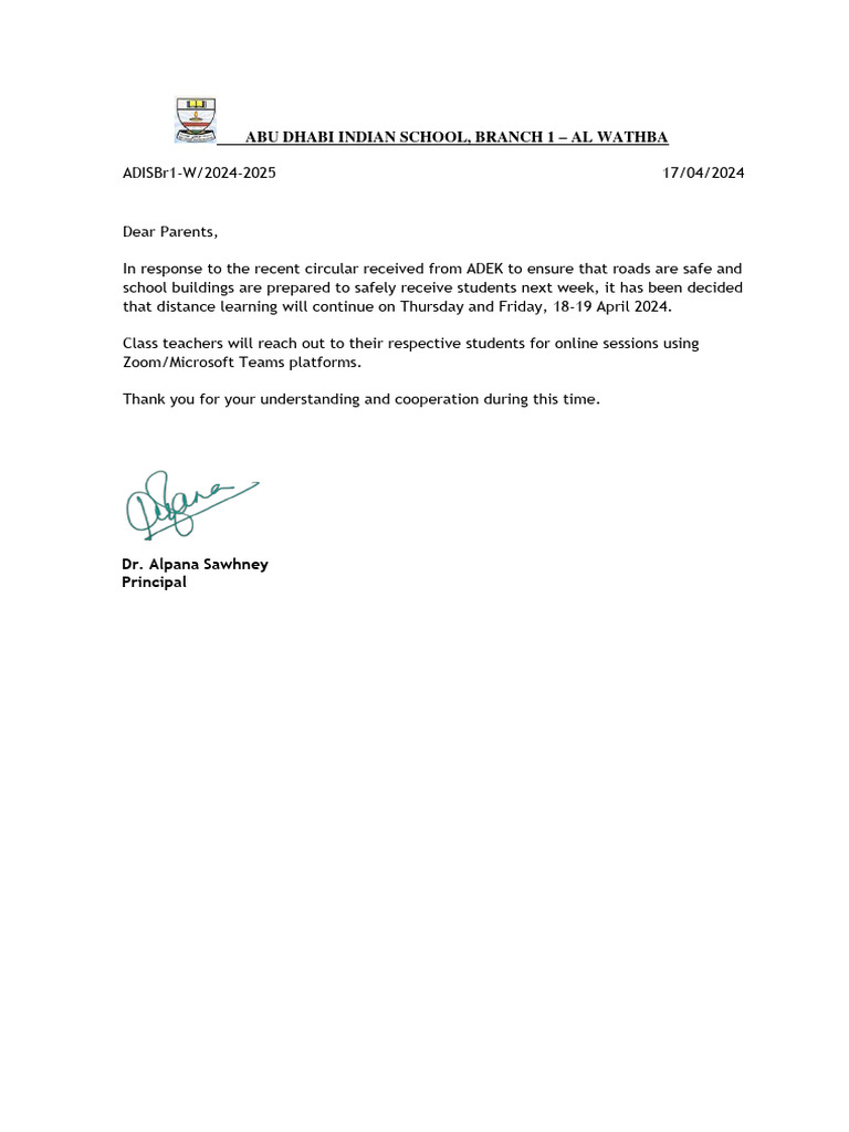Abu Dhabi Indian School Distance Learning Notice | PDF | Career & Growth