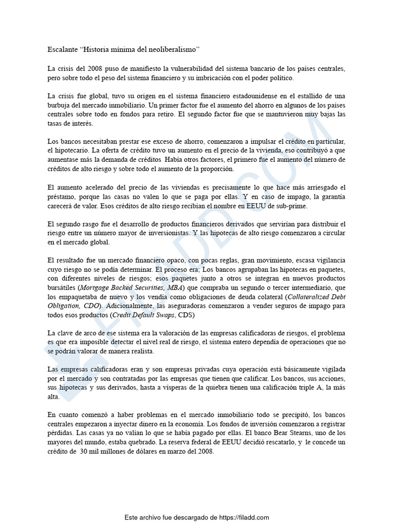 Neoliberalismo y la Crisis de 2008 | PDF | Hipotecas | Deuda gubernamental