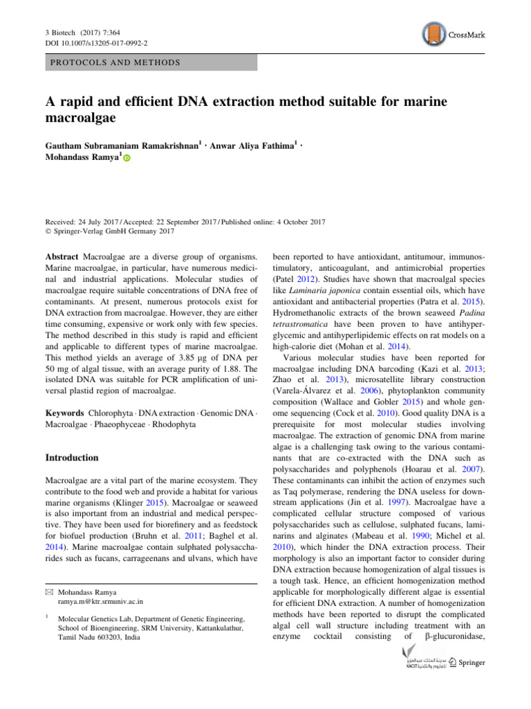 Efficient DNA Extraction from Macroalgae | PDF | Agarose Gel ...