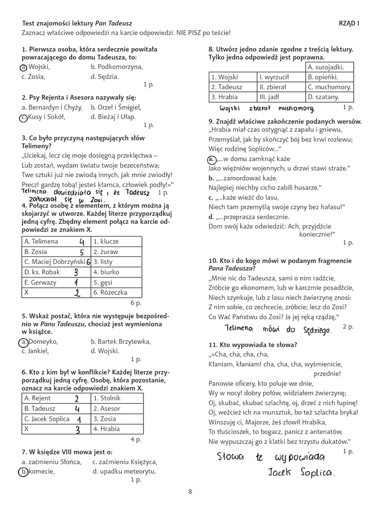 Pan Tadeusz Test Klasa 8 Sprawdzian Pan Tadeusz | PDF