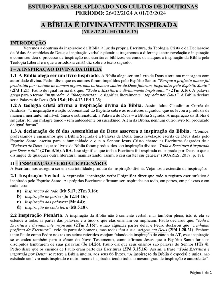 Inspiração Divina da Bíblia: Doutrinas e Teologia | PDF | Bíblia ...