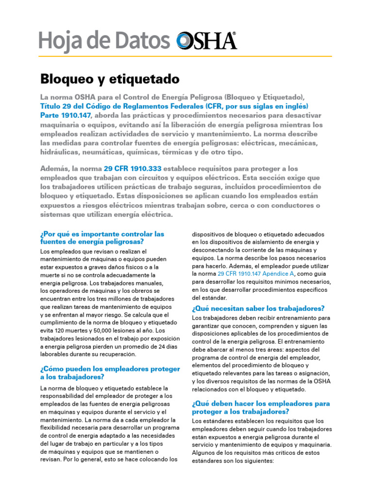 Bloqueo y etiquetado osha 29cfr 1910 333 pdf administraci n de