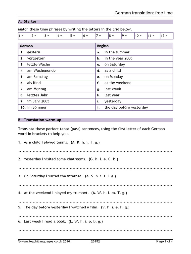 A. Starter German Translation Free Time PDF Verb Linguistic