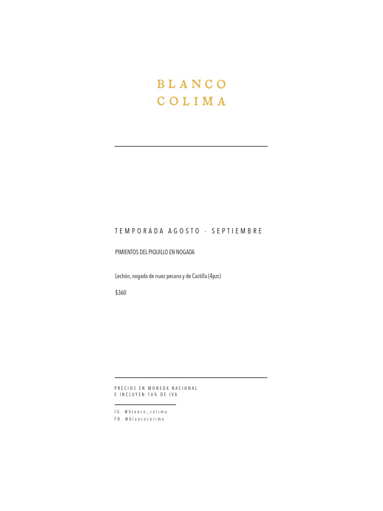 Menú Blanco Colima - Temporada 2023 | PDF | Alimentos | Cocina