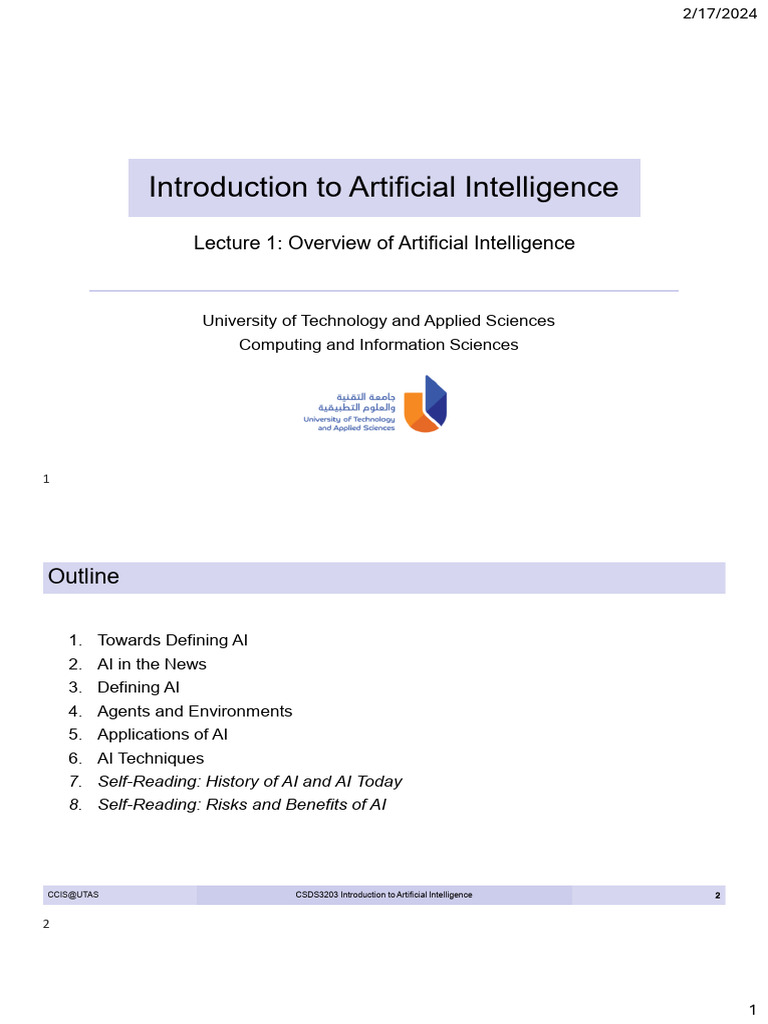 Lecture 1 - Overview of Artificial Intelligence | PDF | Artificial ...