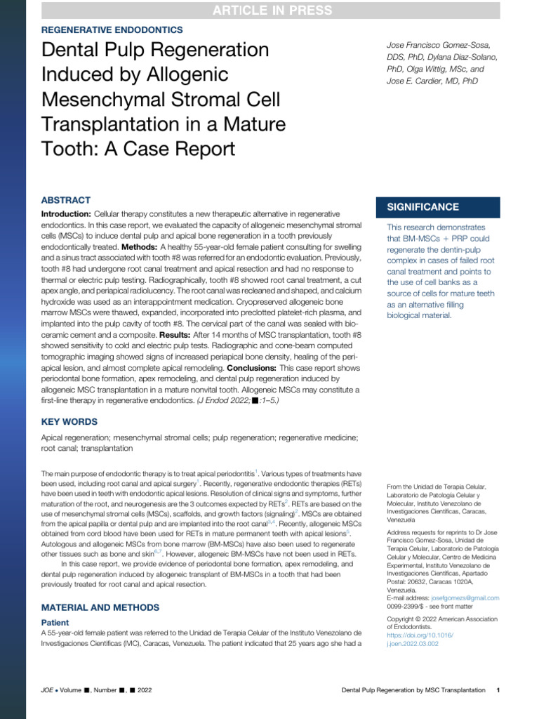 MSC - Dental Pulp Regeneration - JOE - April 2022 | PDF | Mesenchymal ...