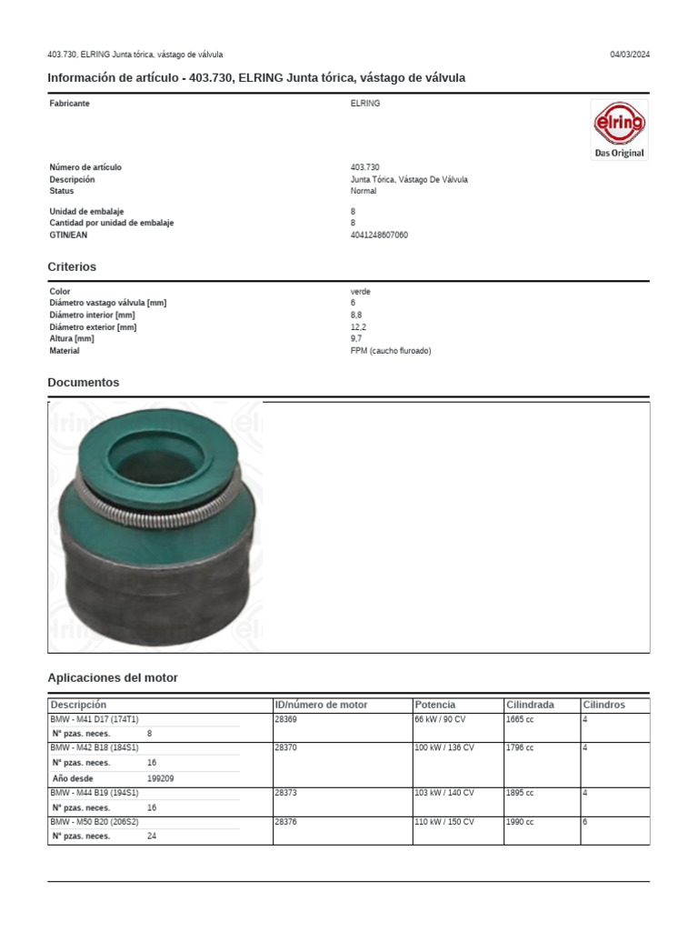 8x ELRING Ventilschaftabdichtung 6mm Für CITROEN MERCEDES NISSAN PEUGEOT RENAULT