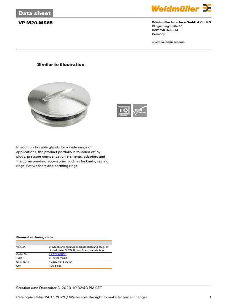 Data Sheet: VP M20-MS65 | PDF