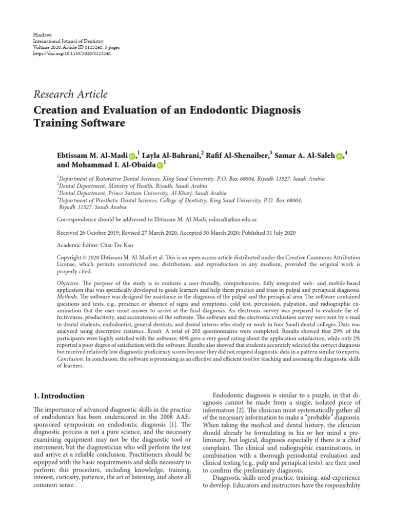 Creation and evaluation of an endodontic diagnosis training software