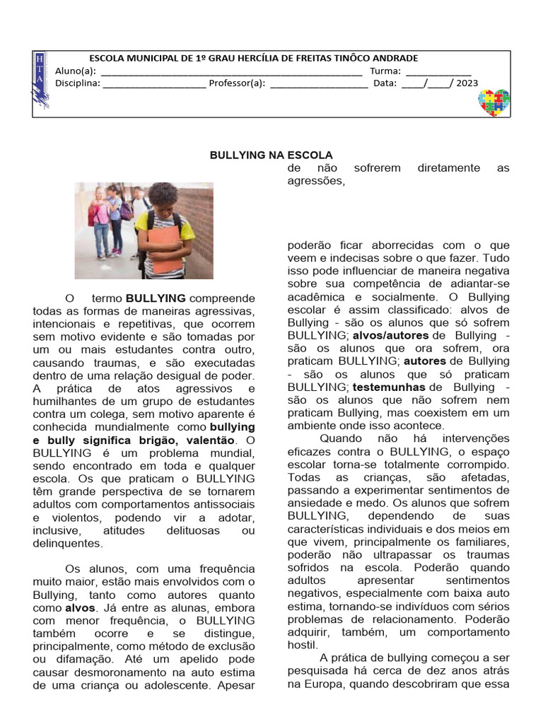 Atividade sobre bullying 7 ano pdf ass dio moral bullying